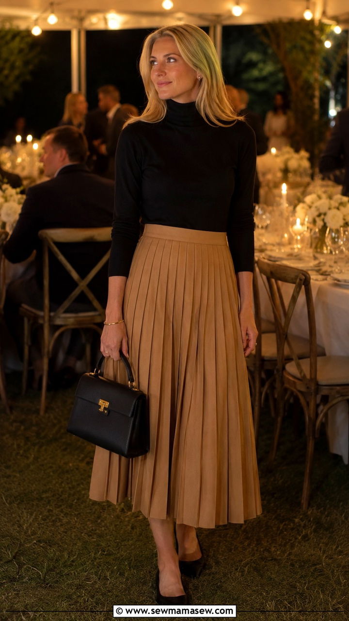 Black Turtleneck Camel Pleated Skirt Hamptons Outfit - 30 Old money outfit ideas for the Hamptons