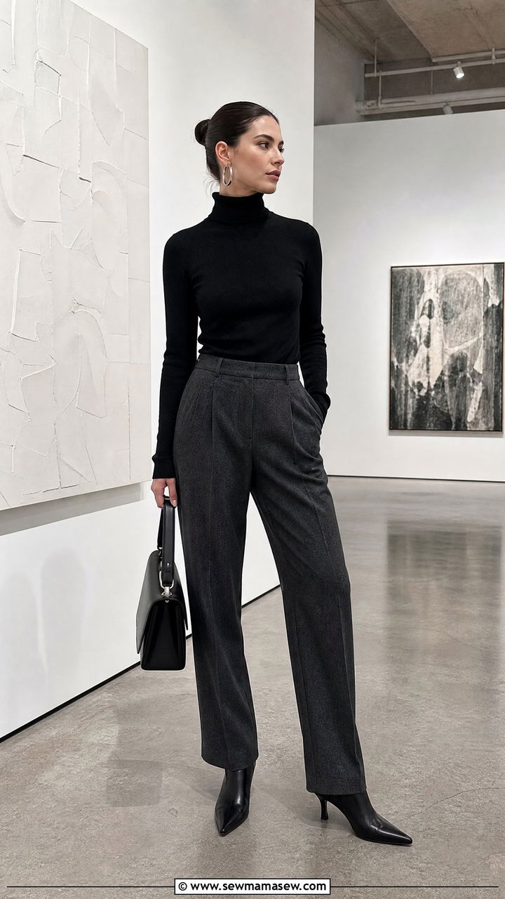 Black Turtleneck Charcoal Wool Trousers And Silver Hoops - 30 Cool tone outfit ideas