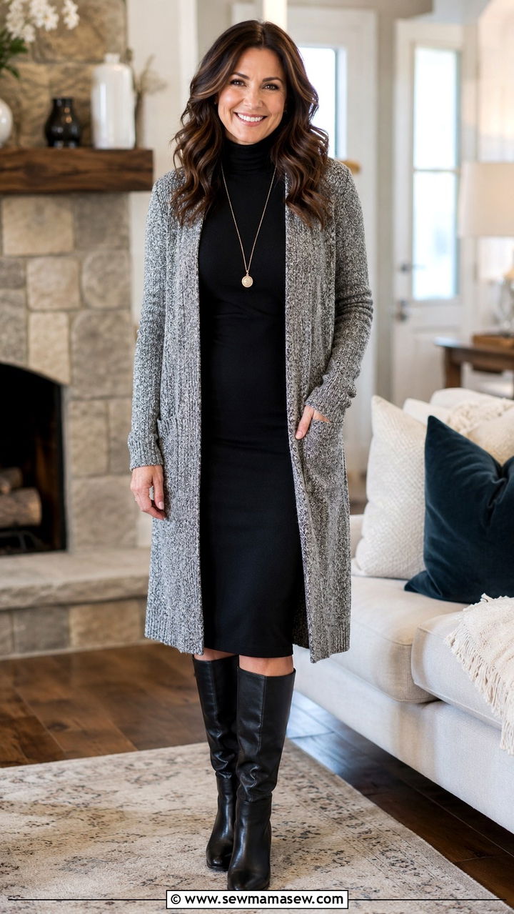 Black Turtleneck Dress and Long Cardigan with Knee High Boots - 20 dark academia outfit ideas for women over 40