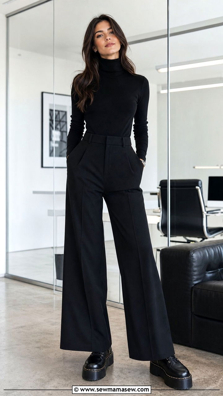 Black Turtleneck Outfit with Wide Leg Trousers - 25 edgy capsule wardrobe outfits