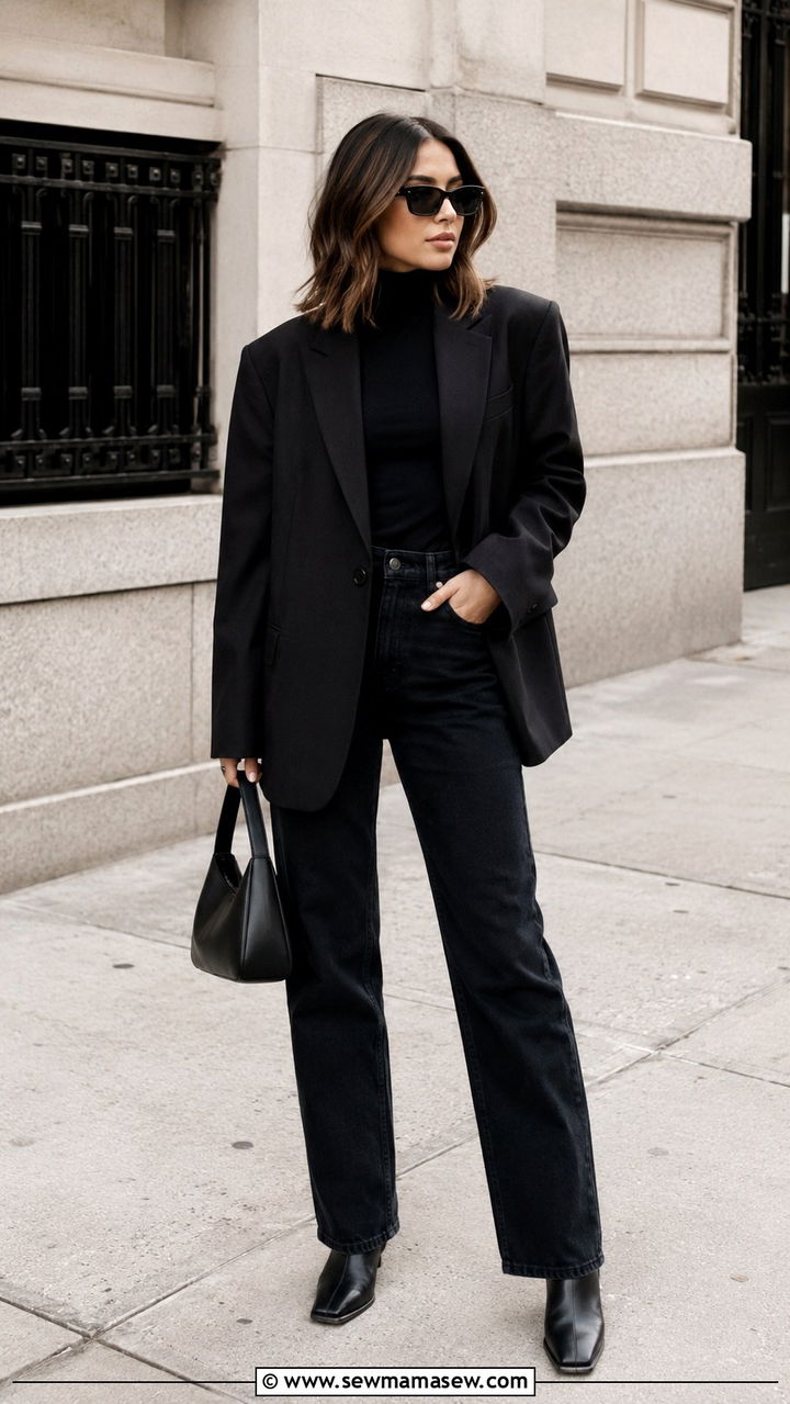 Black Turtleneck Straight Leg Jeans Oversized Blazer - 30 classy 90s outfit ideas