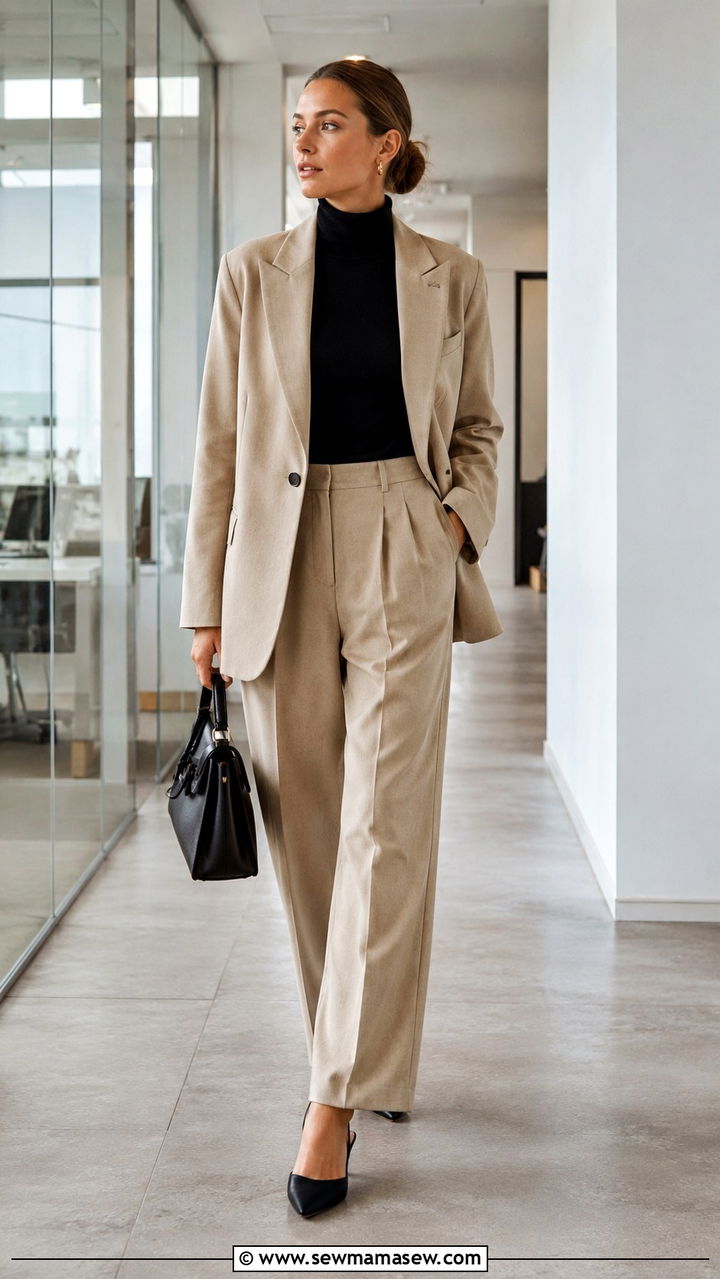 Black Turtleneck With Beige Tailored Suit And Kitten Heels - 30 Danish outfit ideas