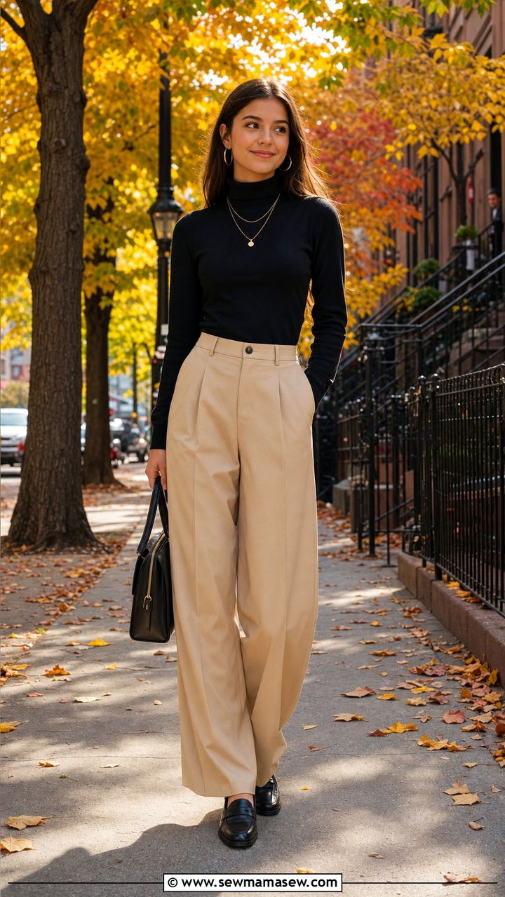 Black Turtleneck With Beige Wide Leg Pants - 25 Clean girl outfit ideas for teens