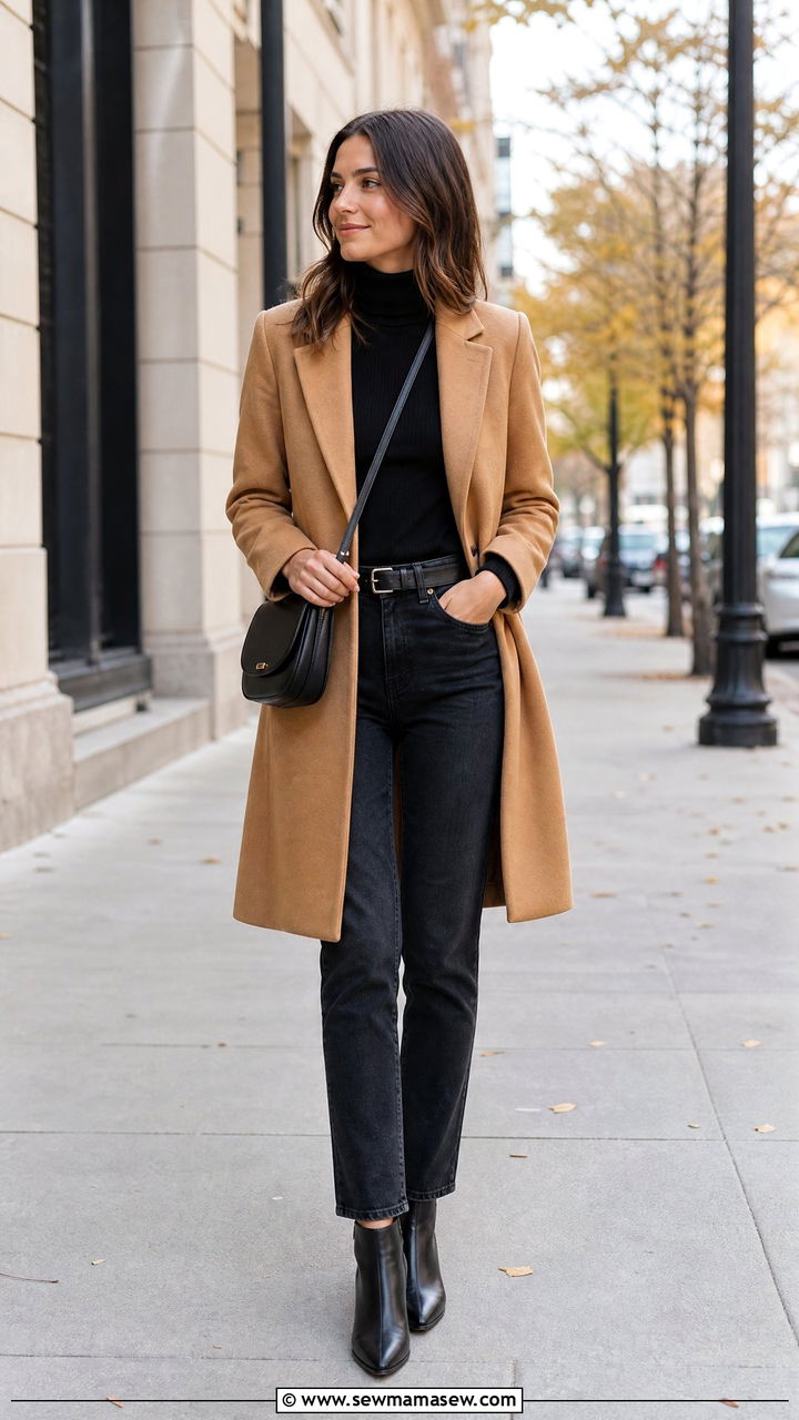 Black Turtleneck With Camel Coat And Straight Leg Jeans - 30 clean girl outfits ideas