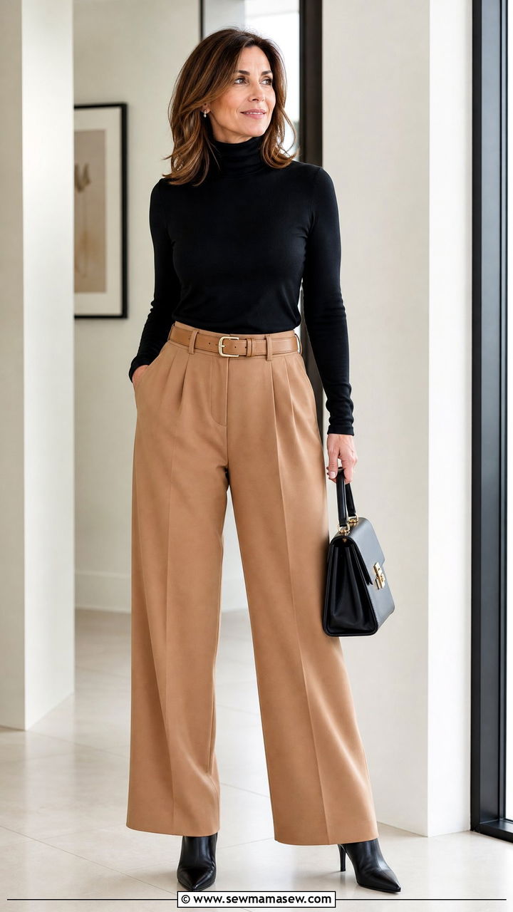 Black Turtleneck With Camel Trousers Women Over 40 - 35 Minimalist outfits for women over 40