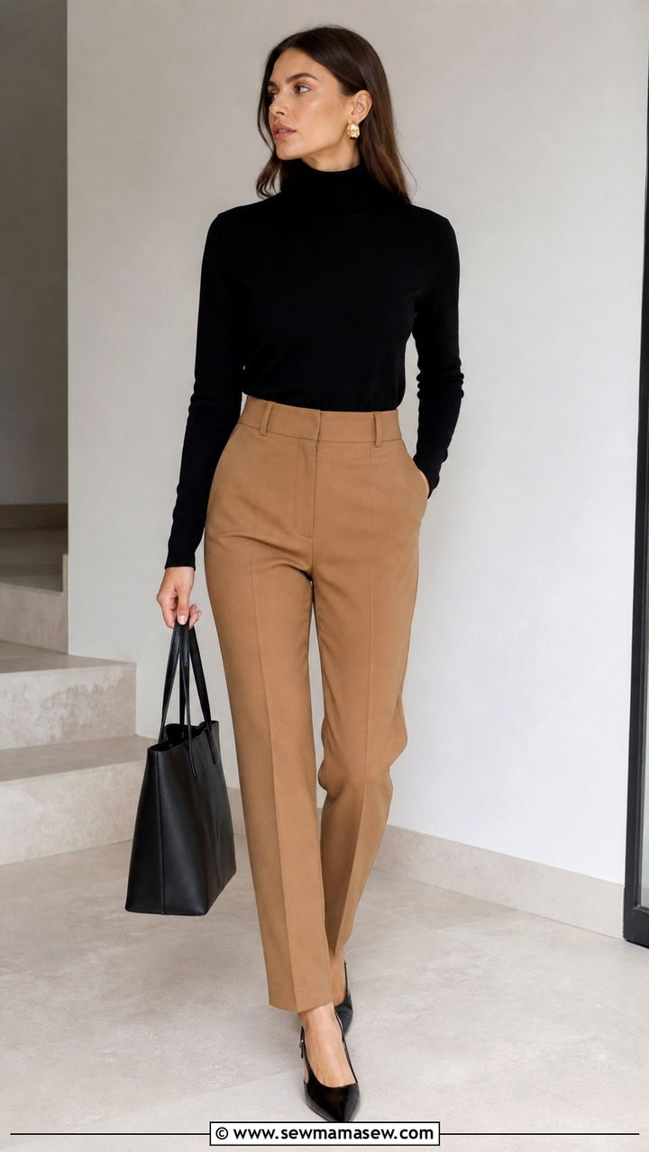 Black Turtleneck With Camel Trousers - 40 French girl outfit ideas