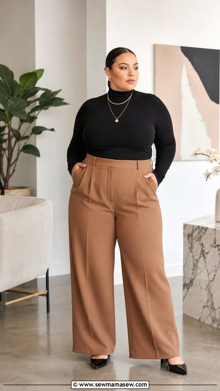 Black Turtleneck With Camel Wide Leg Trousers and Gold Jewelry - 25 Plus size outfit ideas clean girl