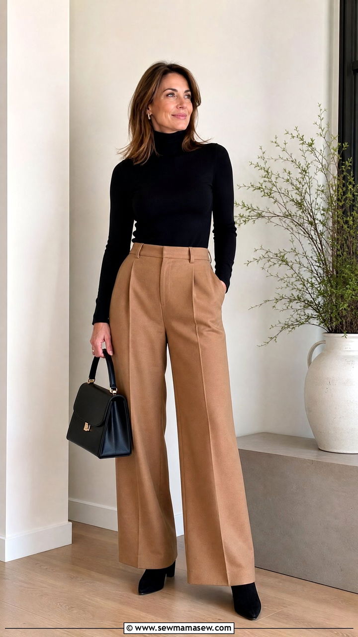 Black Turtleneck With Camel Wide Leg Trousers - 30 clean girl outfit ideas for women over 40