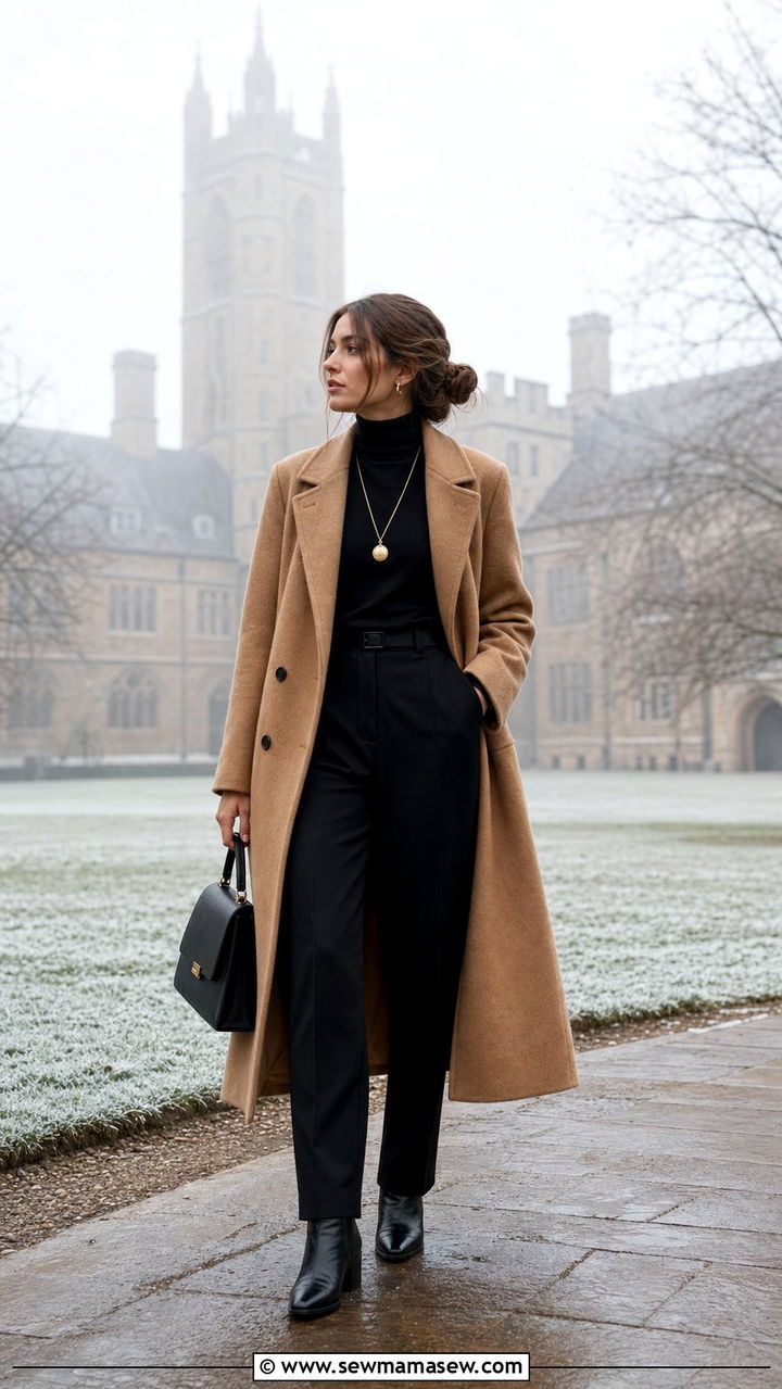 Black Turtleneck With Camel Wool Coat And StraightLeg Pants - 25 dark academia capsule wardrobe outfits