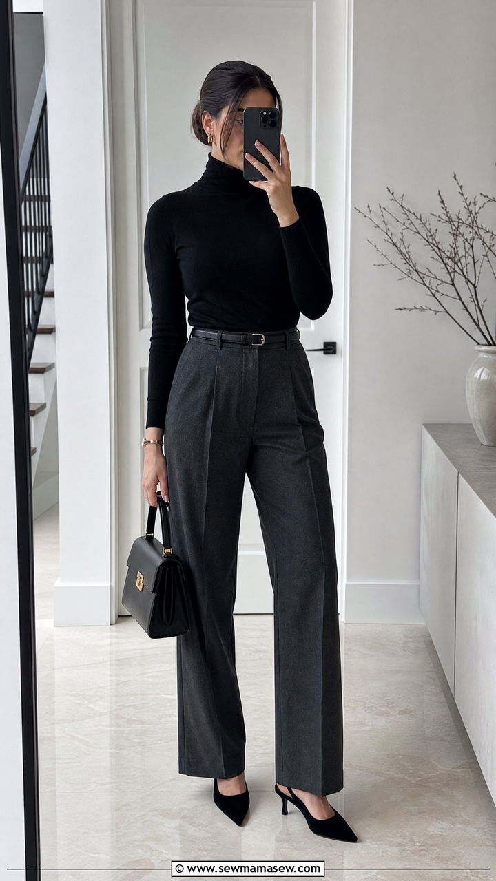 Black Turtleneck With Charcoal Pleated Trousers - 25 Quiet luxury outfit ideas The Row style