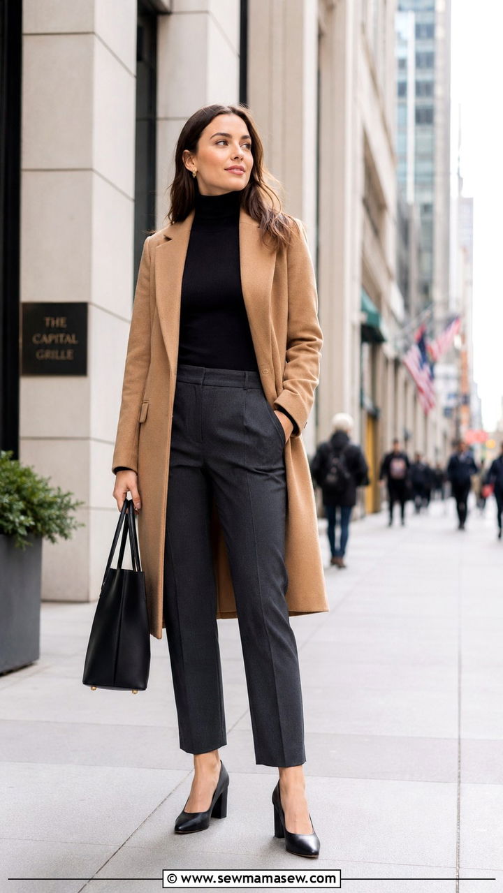 Black Turtleneck With Charcoal Trousers And Camel Coat - 30 HR conference outfit ideas