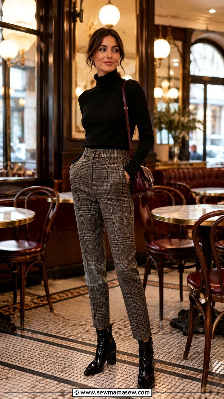 Black Turtleneck With Checked Trousers - 30 cute Paris outfits