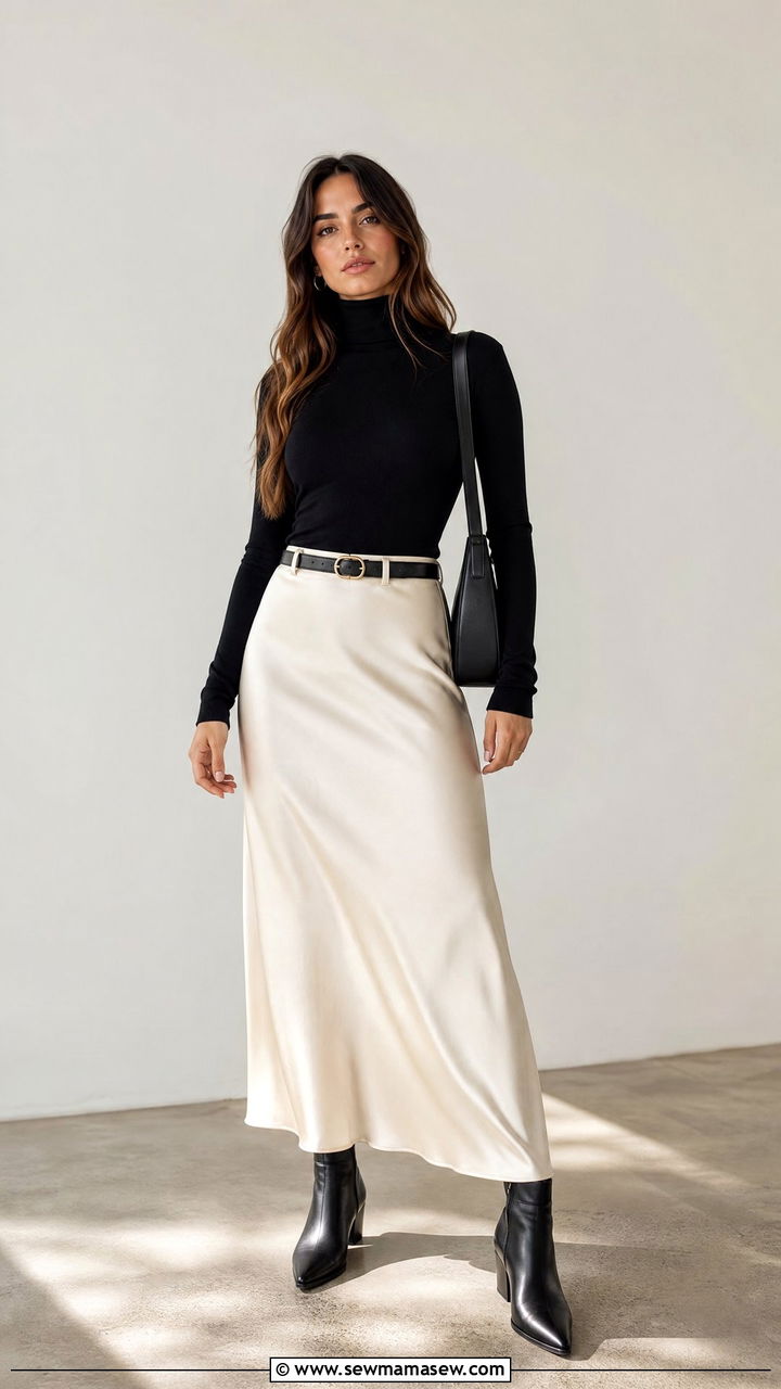 Black Turtleneck With Cream Slip Skirt - 30 Cream and black outfit ideas