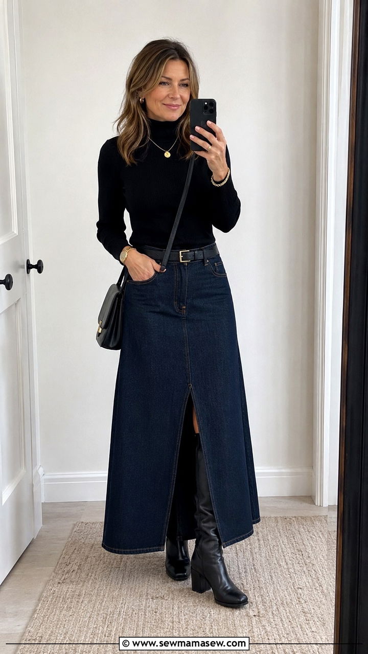 Black Turtleneck With Denim Maxi Skirt and Knee High Boots - 20 denim maxi skirt outfits for women over 40