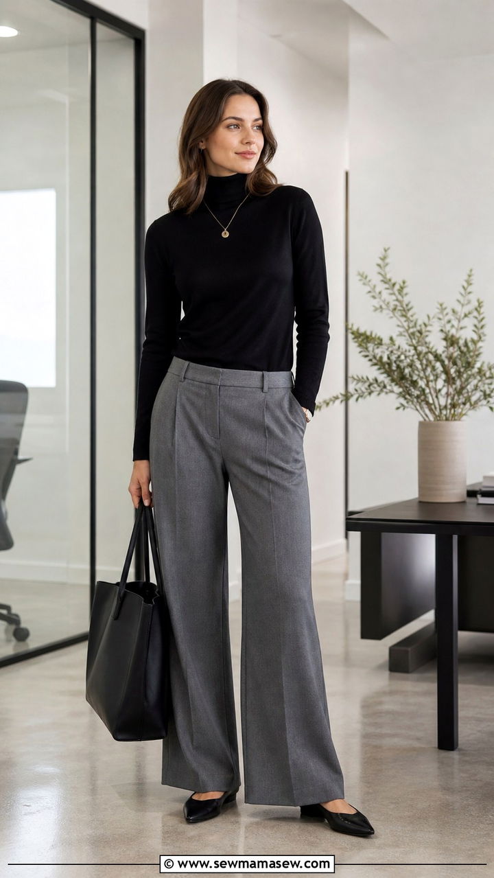 Black Turtleneck With Grey Wide Leg Trousers and Pointed Flats - 40 business casual outfits