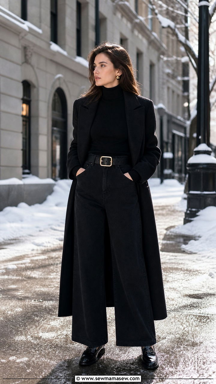 Black Turtleneck With High Waisted Wide Leg Jeans - 25 chic jeans outfit ideas