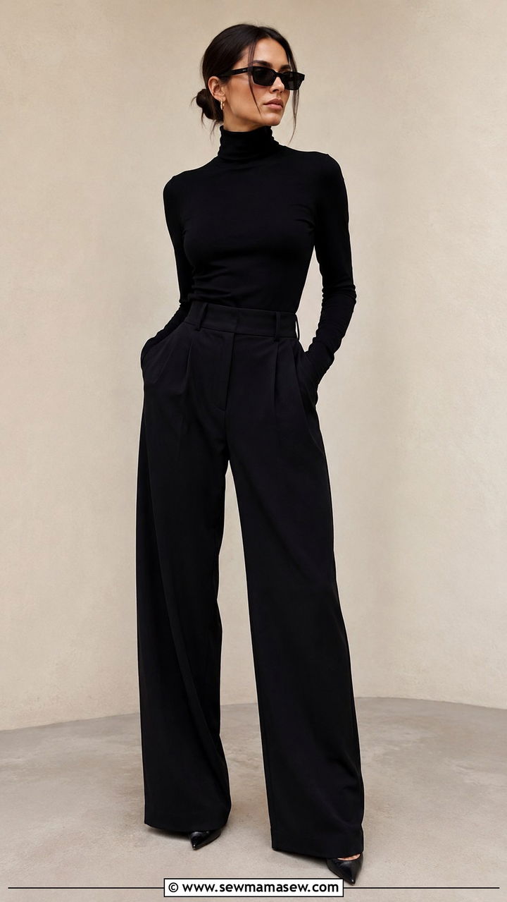 Black Turtleneck With High Waisted Wide Leg Trousers - 30 casual model off duty outfits