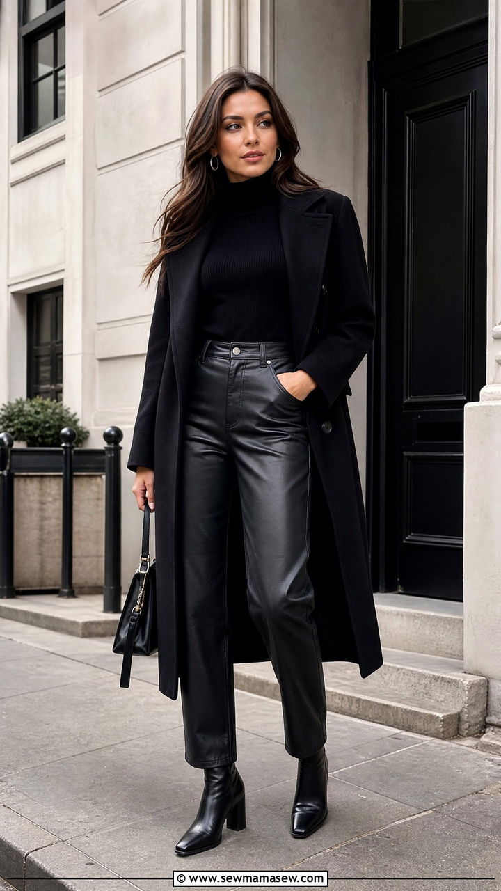Black Turtleneck With Leather Pants And Ankle Boots - 30 Dark feminine outfit ideas
