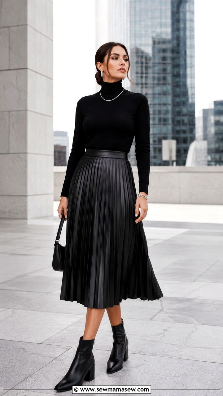 Black Turtleneck With Leather Pleated Skirt And Block Heel Boots - 30 Pleated skirt outfit ideas with heels