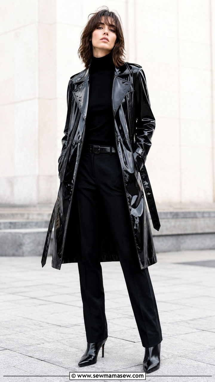 Black Turtleneck With Patent Trench Coat Outfit - 30 Rock and roll outfit ideas