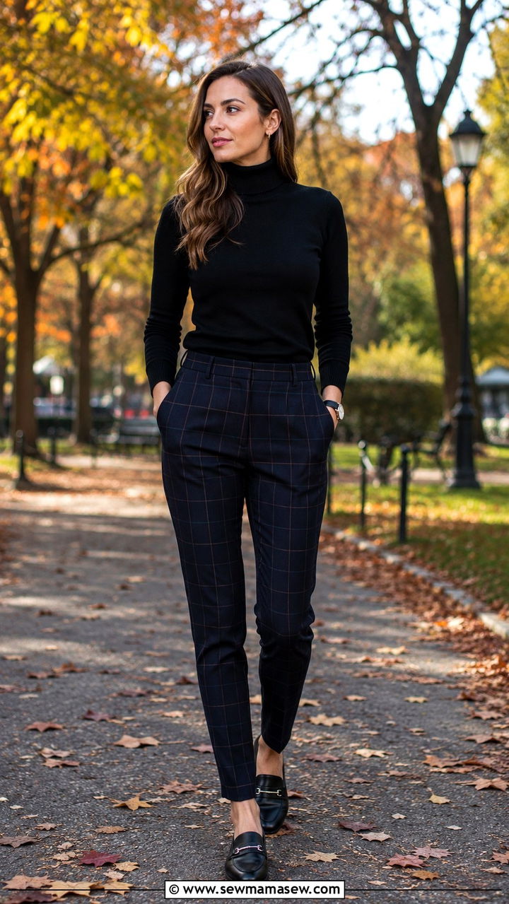 Black Turtleneck With Plaid Trousers And Loafers - 30 Outfit ideas for working moms