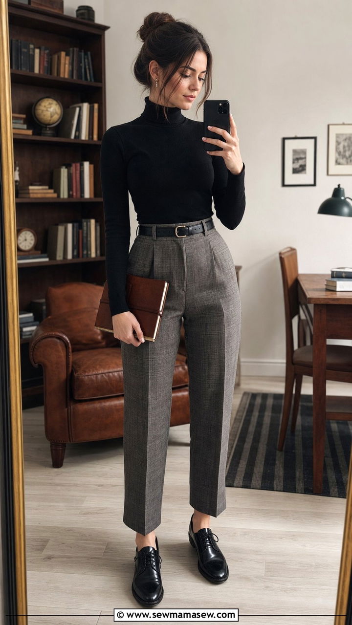 Black Turtleneck With Plaid Trousers And Oxfords - 25 dark academia outfits aesthetic