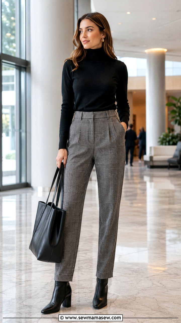 Black Turtleneck With Plaid Trousers Outfit - 25 PhD student outfit ideas
