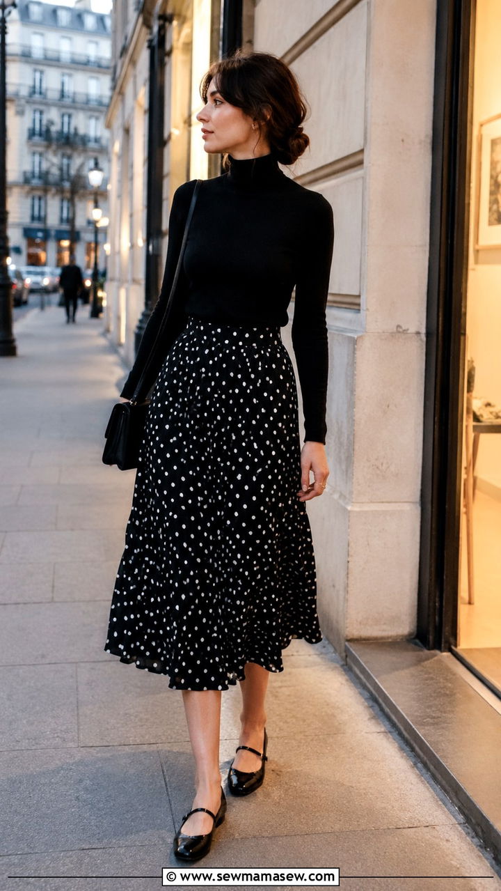 Black Turtleneck With Polka Dot Midi Skirt - 30 Parisian spring outfits