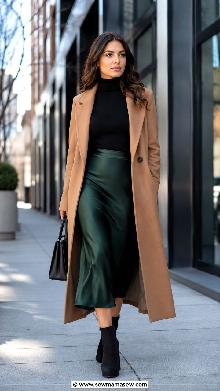 Black Turtleneck With Satin Midi Skirt Office Outfit - 30 Satin midi skirt outfit ideas for work