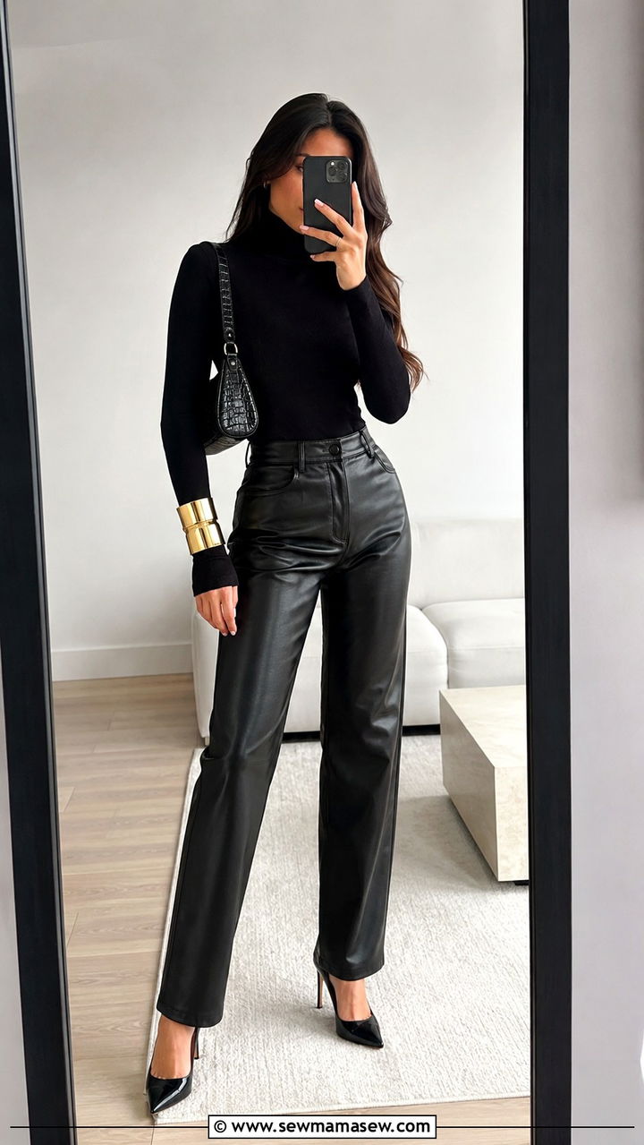 Black Turtleneck With Sculptural Gold Cuff Bracelet - 20 Glamoratti outfit ideas chunky gold jewelry