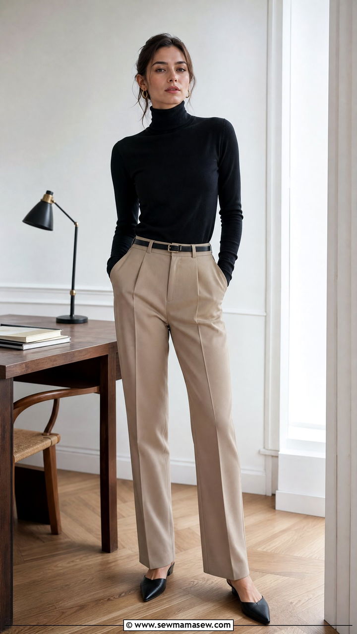Black Turtleneck With Straight Leg Trousers - 30 French girl outfit ideas for work