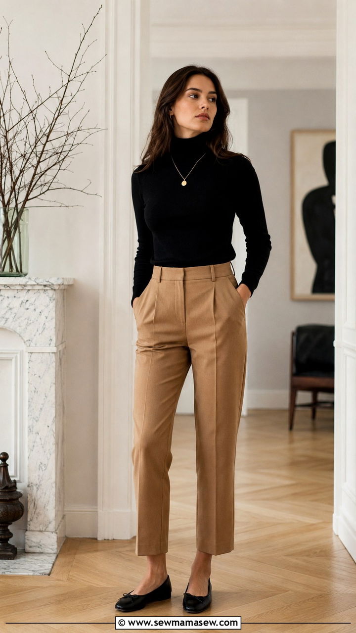 Black Turtleneck With Tailored Trousers and Ballet Flats - 30 parisian capsule wardrobe outfits