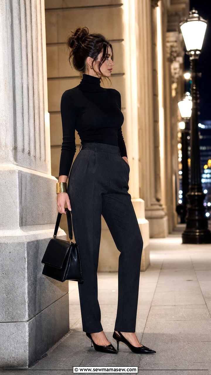 Black Turtleneck With Tailored Trousers and Pointed Toe Heels Messy Bun - 25 French girl outfit ideas with messy bun