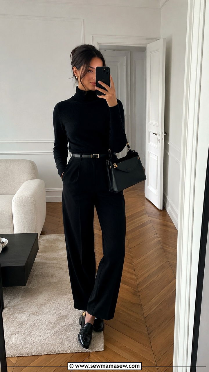 Black Turtleneck With Tailored Trousers - 30 Modest outfit ideas Parisian