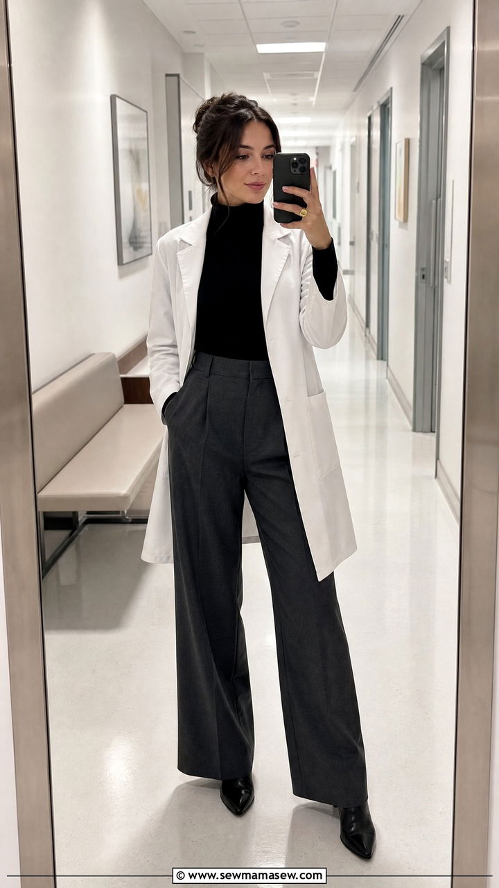 Black Turtleneck With Wide Leg Pants Doctor Look - 25 Female doctor outfit ideas