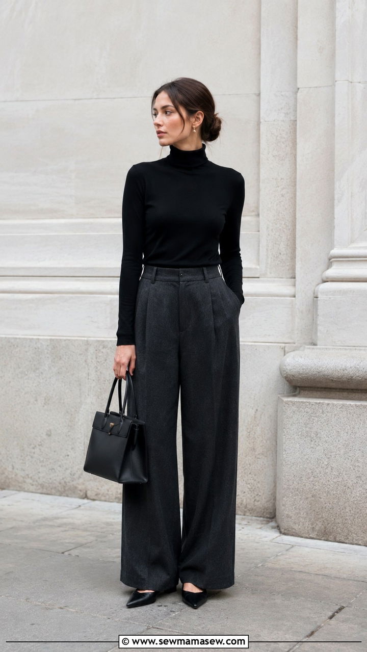 Black Turtleneck With Wide Leg Pants Outfit - 30 Minimalist spring capsule wardrobe