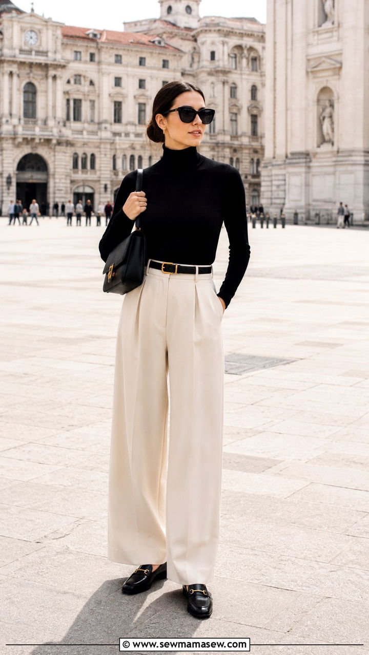 Black Turtleneck With Wide Leg Trousers - 25 travel outfits aesthetic