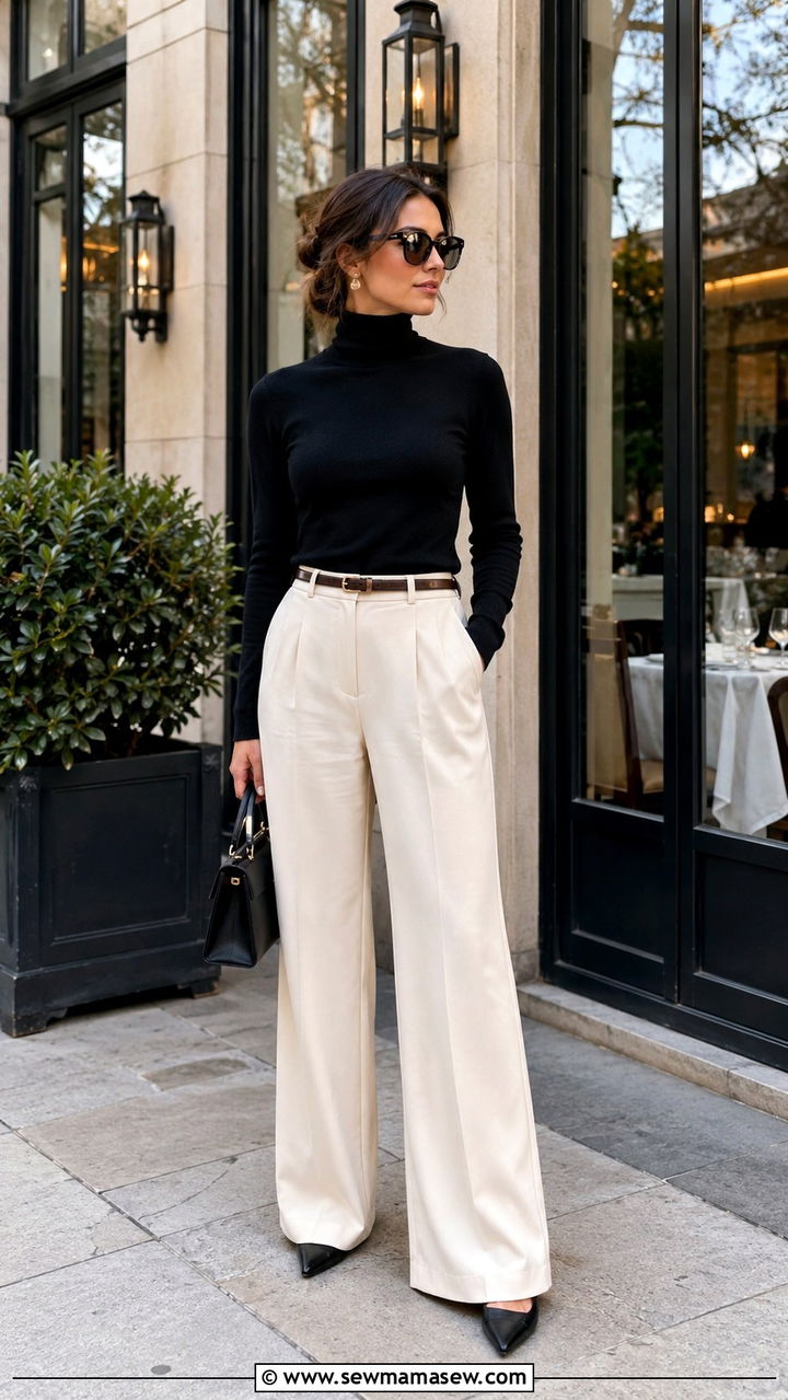 Black Turtleneck With Wide Leg Trousers - 30 modest dinner outfit ideas