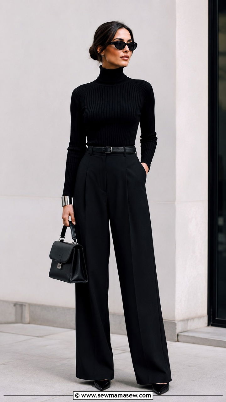Black Turtleneck With Wide Leg Trousers And Pointed Pumps - 30 classy fashion inspo outfits