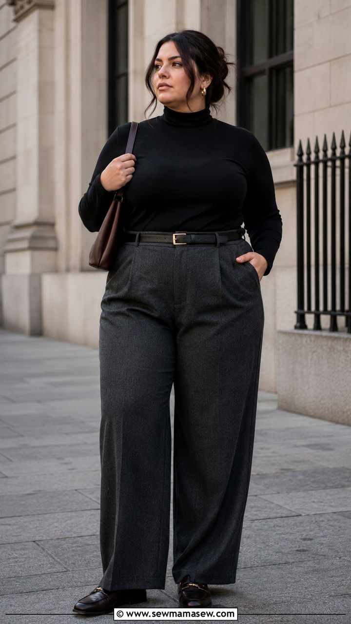 Black Turtleneck With Wide Leg Wool Trousers And Loafers - 20 Dark academia outfits for curvy women