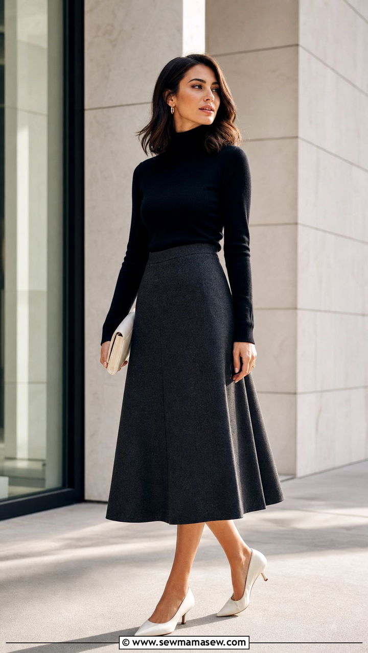 Black Turtleneck and A Line Wool Skirt - 25 cute quiet luxury outfits