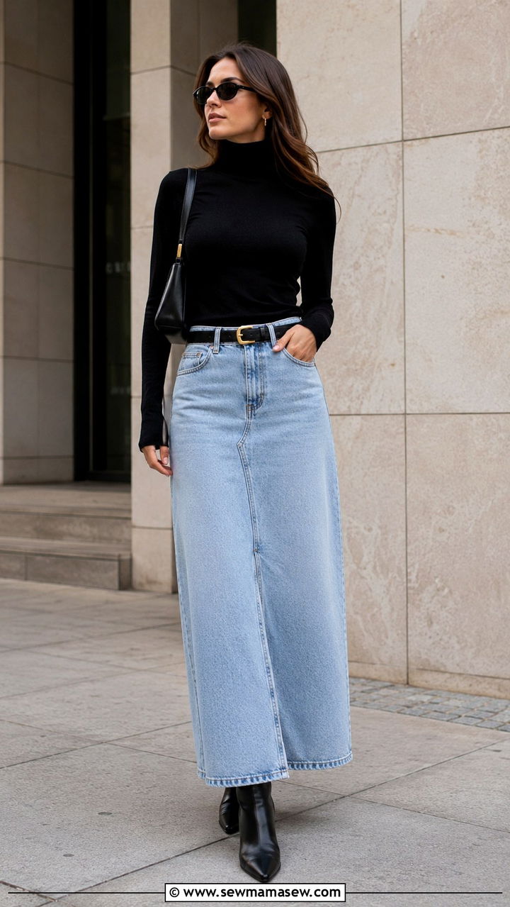 Black Turtleneck and Ankle Boots With a Denim Maxi Skirt - 30 denim maxi skirt outfit ideas