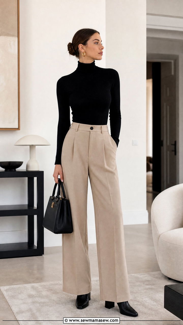 Black Turtleneck and Beige Trousers - 30 clean girl outfits inspo