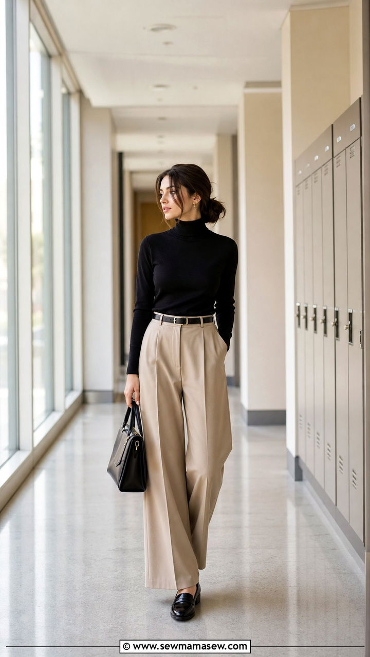 Black Turtleneck and Beige Wide Leg Trousers - 25 Clean girl outfit ideas for school