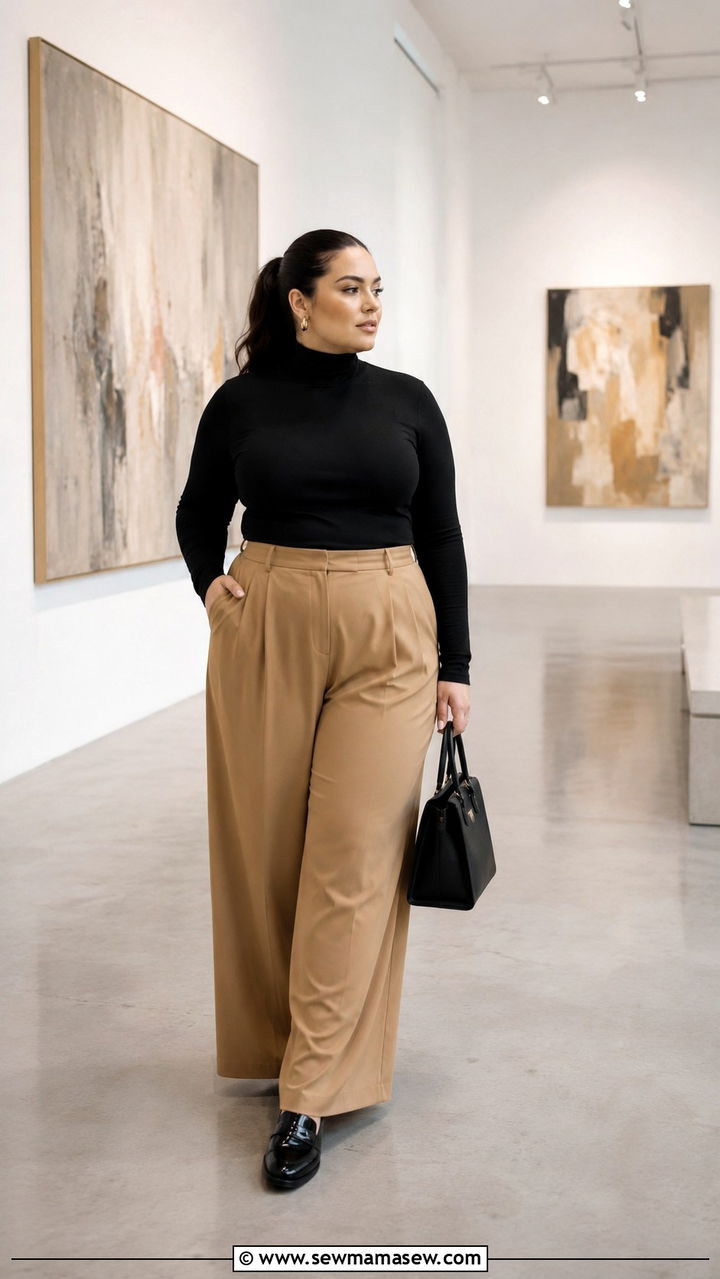 Black Turtleneck and Camel Trousers - 25 Plus size outfit ideas old money