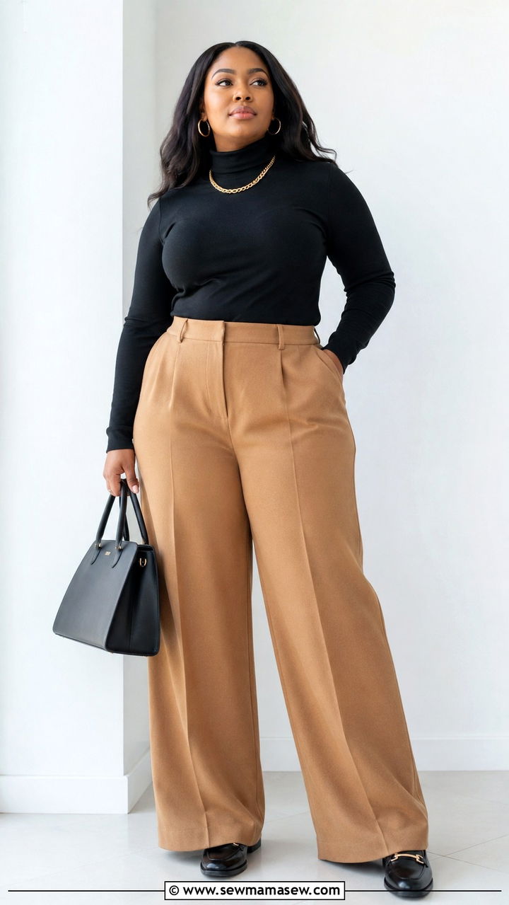 Black Turtleneck and Camel Wide Leg Trousers Outfit - 30 Old money outfit ideas plus size