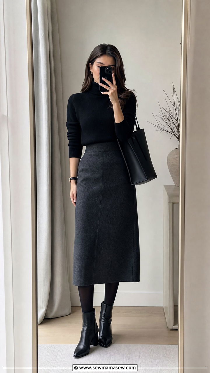 Black Turtleneck and Charcoal Midi Skirt Office Look - 35 Minimalist work outfit ideas