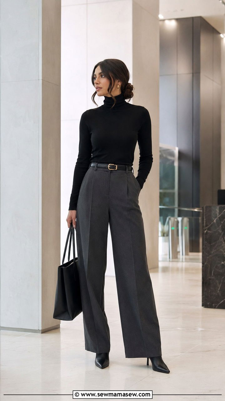 Black Turtleneck and Charcoal Wide Leg Trousers - 30 Modest outfit ideas clean girl