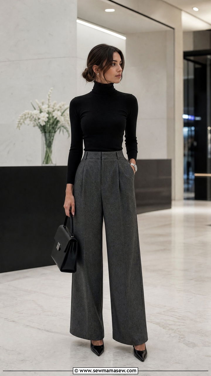 Black Turtleneck and Grey Flannel Trousers - 25 Old money outfit ideas budget