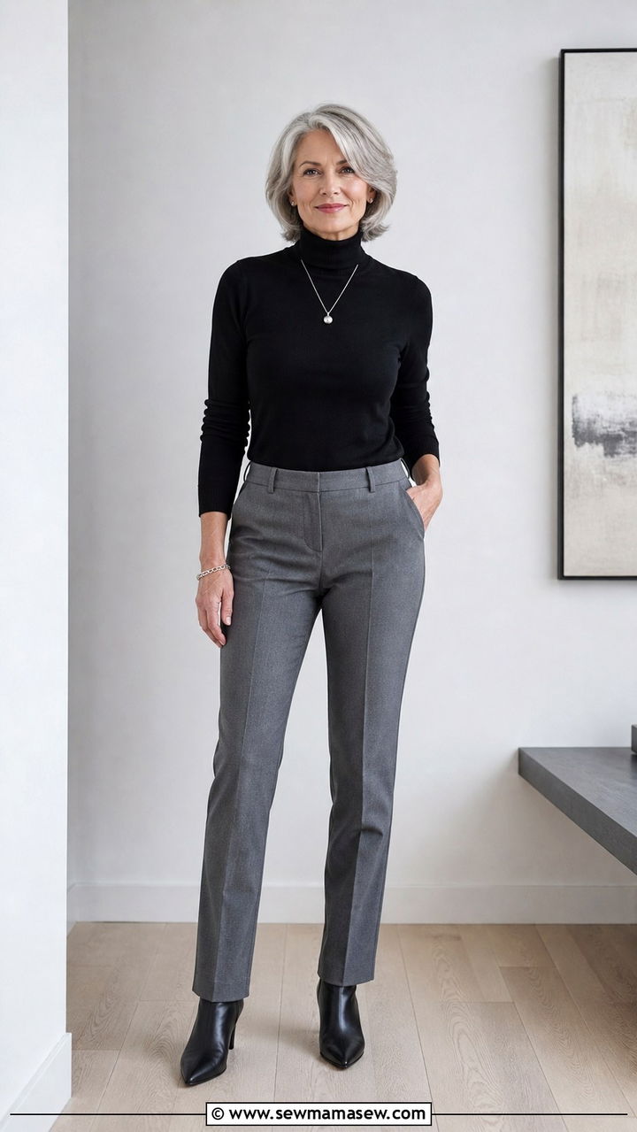 Black Turtleneck and Grey Tailored Trousers - 40 Outfit ideas for women over 50